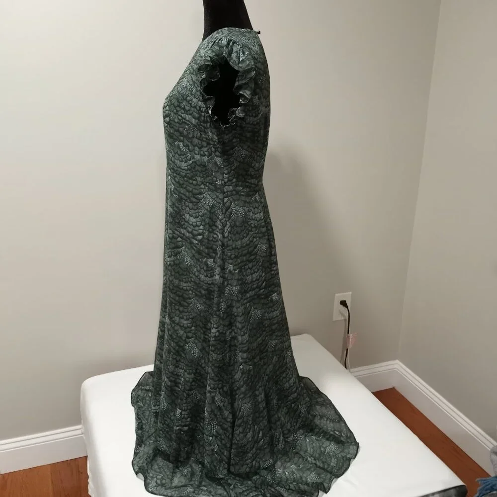 Feather Printed Midi Flounce Dress - Feather Bottle Green Women Size 40 - Picture 6 of 8